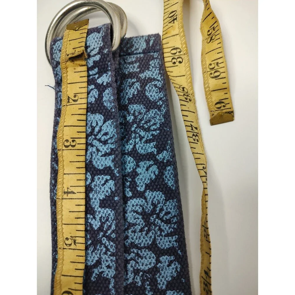 Blue Floral Print Fabric D-Ring Belt Woven Cotton Webbing Adjustable 38